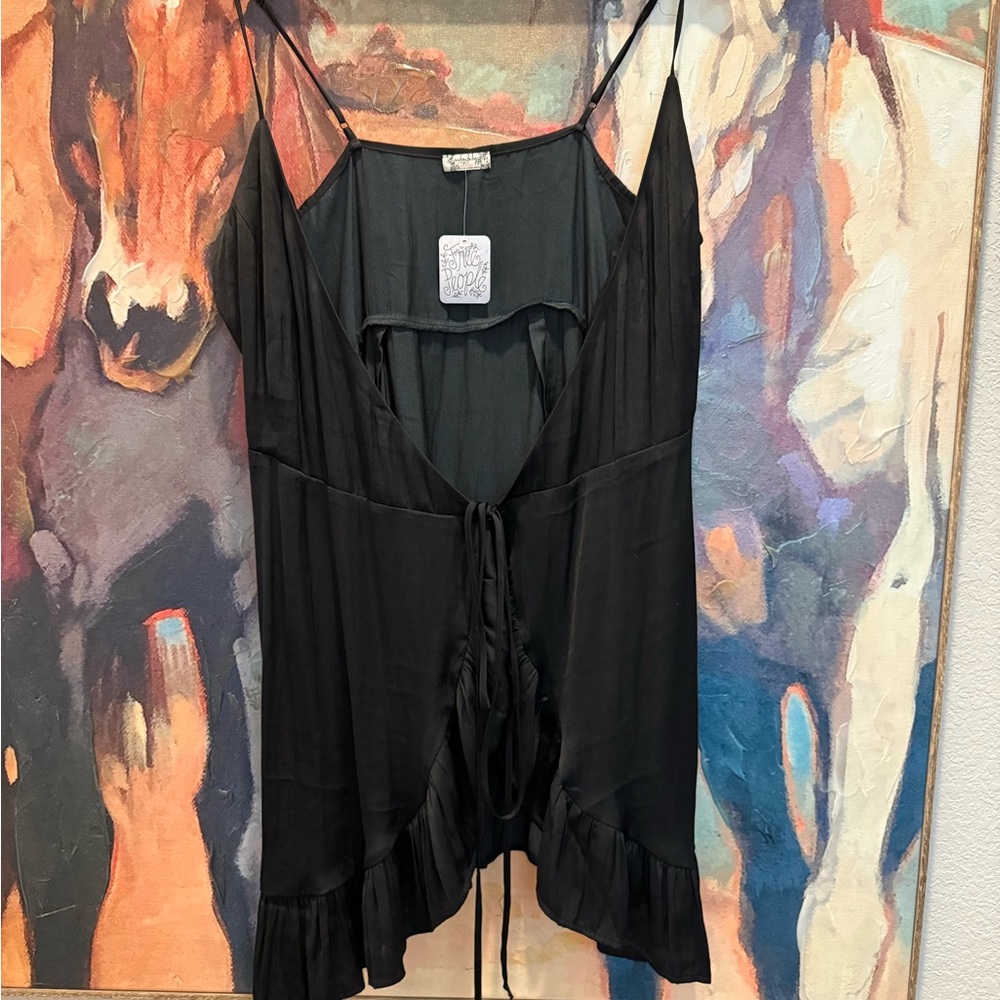 Free People Black Ruffle-Trim Spaghetti Strap Top